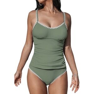CUPSHE Womens LARGE Tankini Swimsuit Eucalyptus Green Tummy Control Shell Stitch